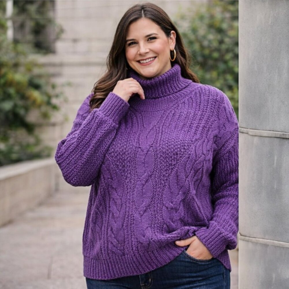 Plus Size Textured Cable Knit Ribbed Hem Turtleneck Sweater 4XL (Fits Smaller) - Picture 3 of 8